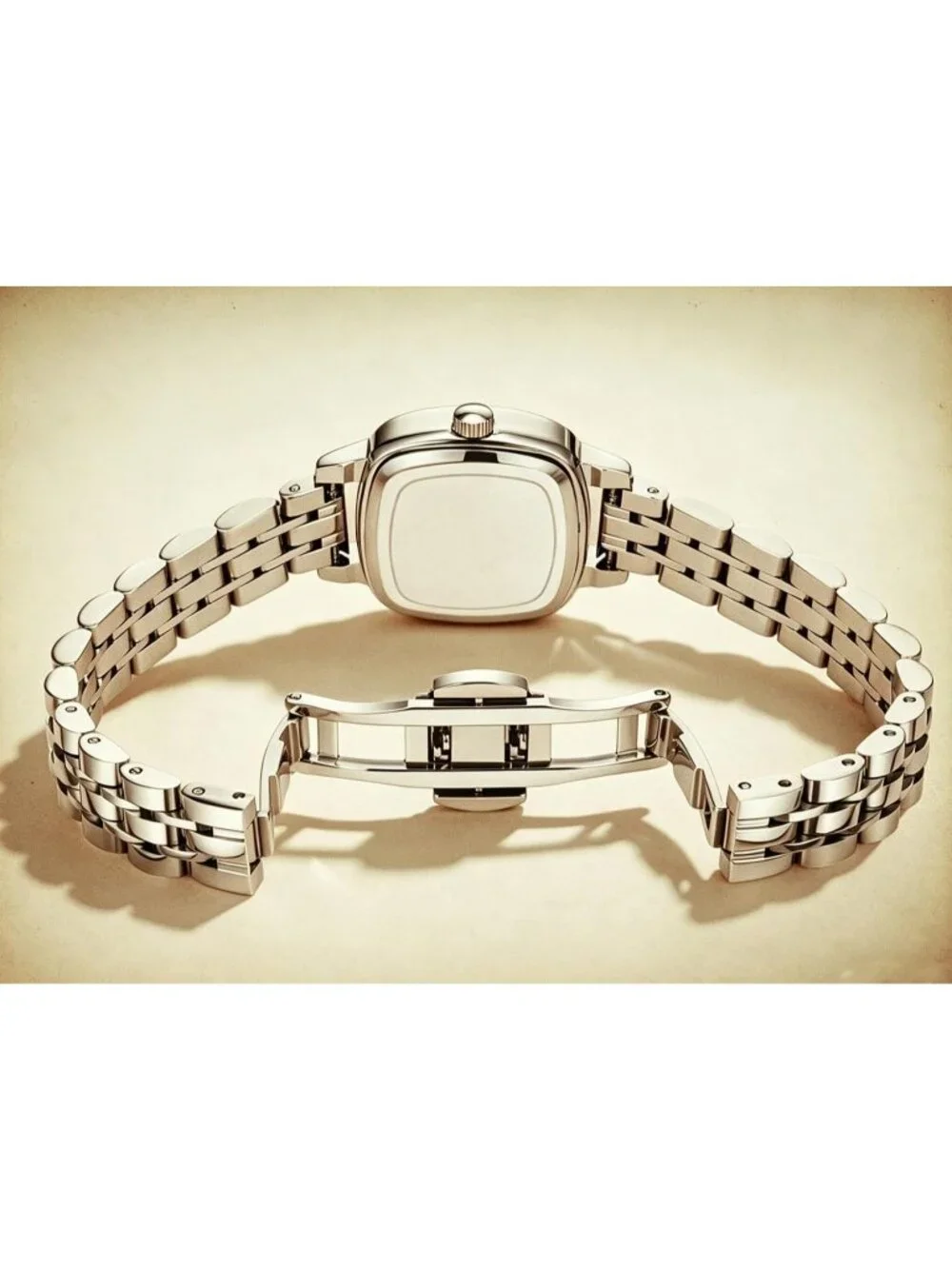 Women's Silver White Steel Strap Casual Fashion Simple Square Quartz Wrist Watch